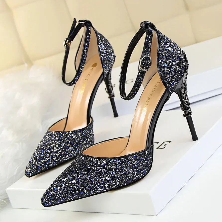 New Summer Women 7.5cm 9.5cm High Heels Bling Sandals Lady Wedding Bridal Low Heels Gold Silver Sandles Sparkly Sequins Shoes