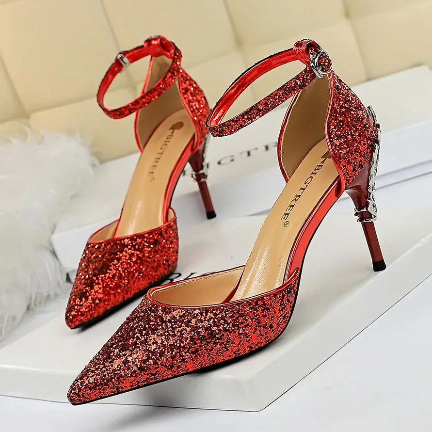 New Summer Women 7.5cm 9.5cm High Heels Bling Sandals Lady Wedding Bridal Low Heels Gold Silver Sandles Sparkly Sequins Shoes