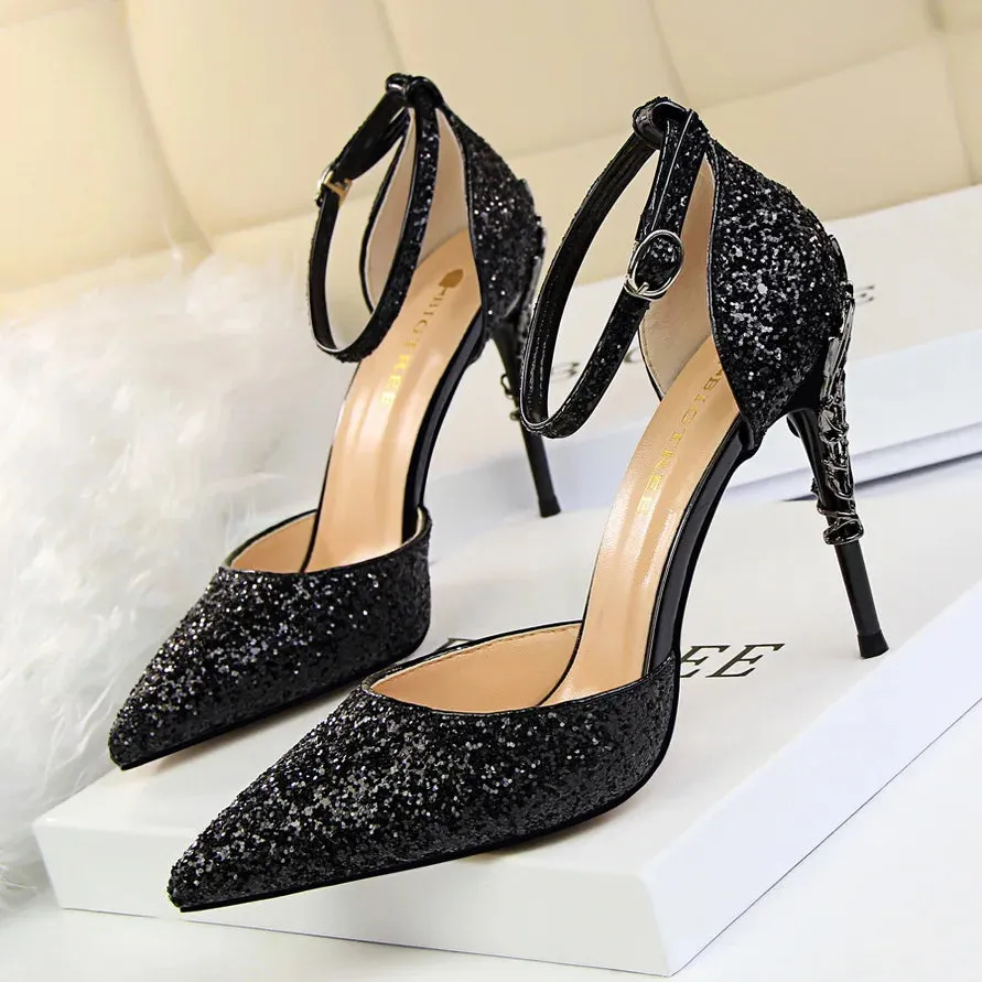 New Summer Women 7.5cm 9.5cm High Heels Bling Sandals Lady Wedding Bridal Low Heels Gold Silver Sandles Sparkly Sequins Shoes