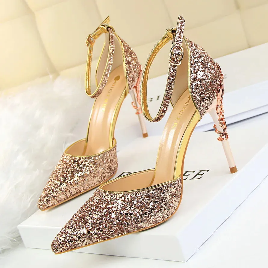 New Summer Women 7.5cm 9.5cm High Heels Bling Sandals Lady Wedding Bridal Low Heels Gold Silver Sandles Sparkly Sequins Shoes