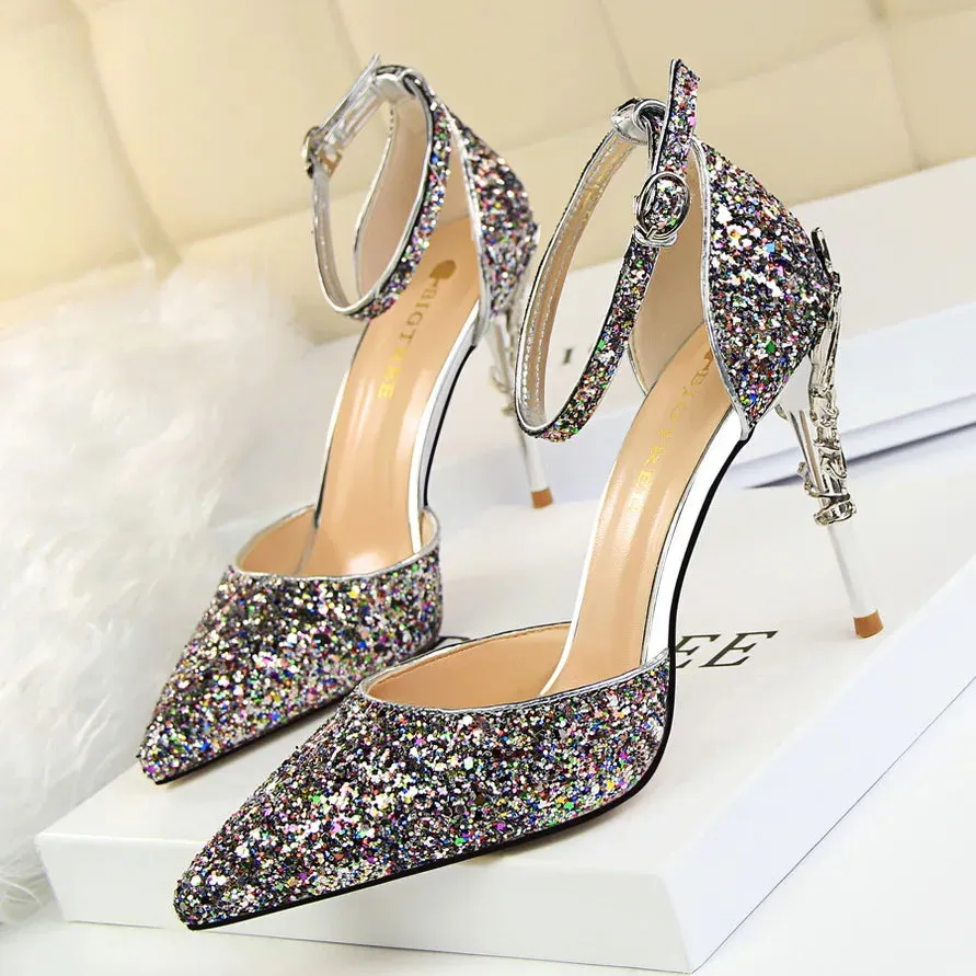 New Summer Women 7.5cm 9.5cm High Heels Bling Sandals Lady Wedding Bridal Low Heels Gold Silver Sandles Sparkly Sequins Shoes