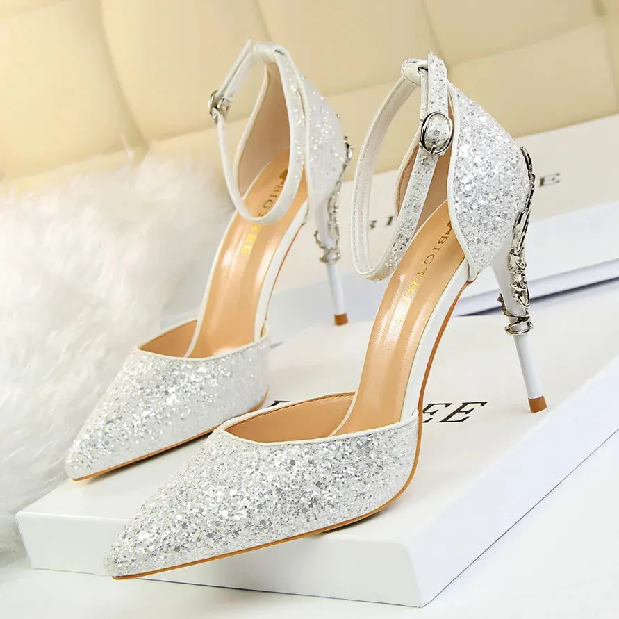 New Summer Women 7.5cm 9.5cm High Heels Bling Sandals Lady Wedding Bridal Low Heels Gold Silver Sandles Sparkly Sequins Shoes