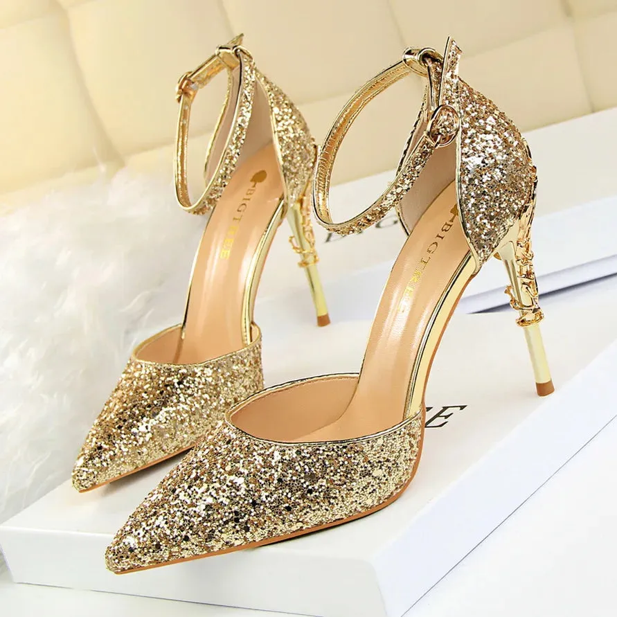 New Summer Women 7.5cm 9.5cm High Heels Bling Sandals Lady Wedding Bridal Low Heels Gold Silver Sandles Sparkly Sequins Shoes