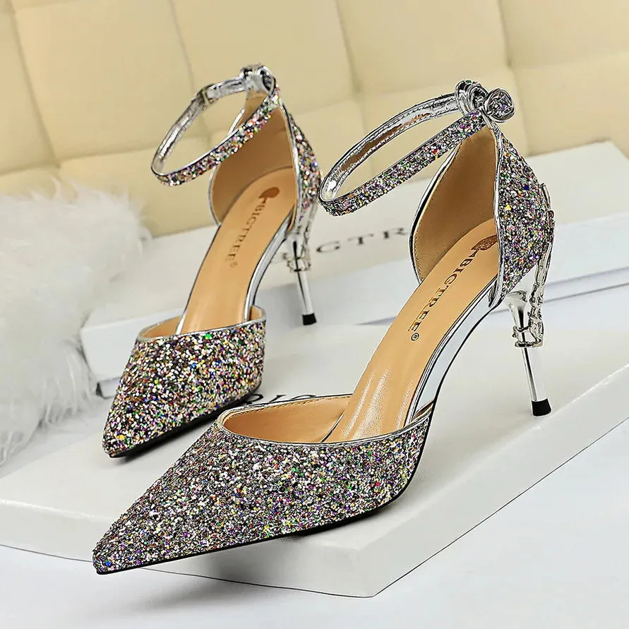 New Summer Women 7.5cm 9.5cm High Heels Bling Sandals Lady Wedding Bridal Low Heels Gold Silver Sandles Sparkly Sequins Shoes