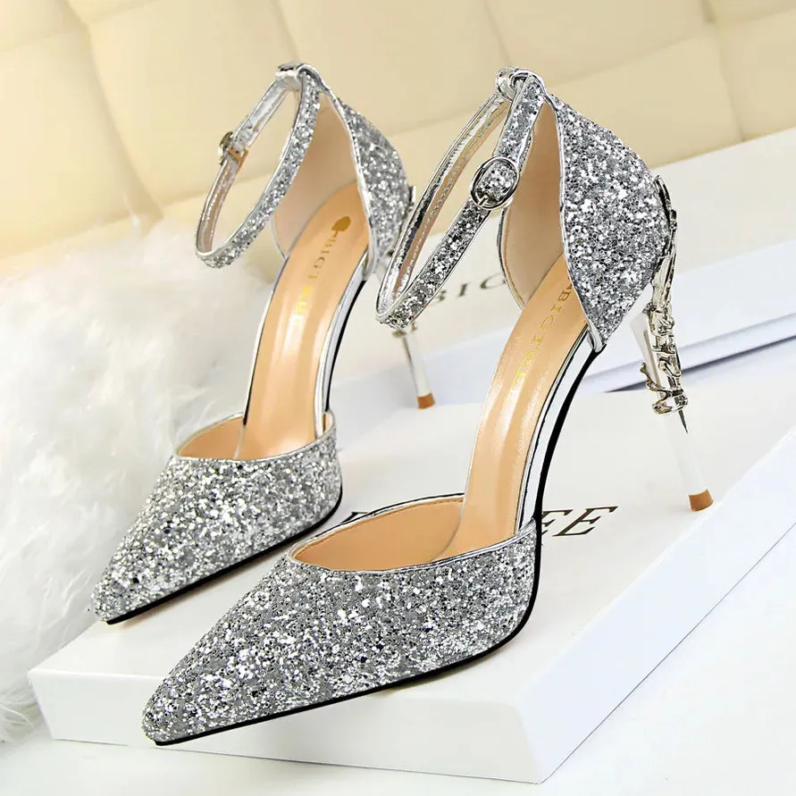 New Summer Women 7.5cm 9.5cm High Heels Bling Sandals Lady Wedding Bridal Low Heels Gold Silver Sandles Sparkly Sequins Shoes