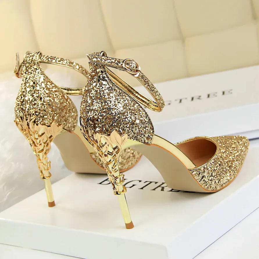 New Summer Women 7.5cm 9.5cm High Heels Bling Sandals Lady Wedding Bridal Low Heels Gold Silver Sandles Sparkly Sequins Shoes