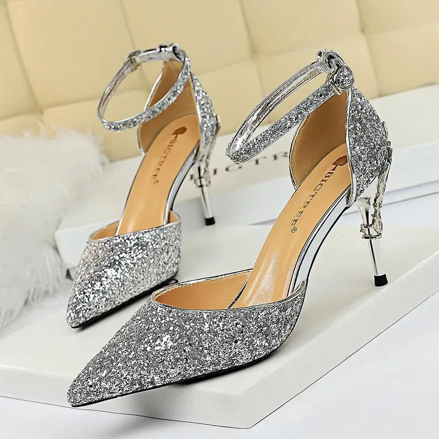 New Summer Women 7.5cm 9.5cm High Heels Bling Sandals Lady Wedding Bridal Low Heels Gold Silver Sandles Sparkly Sequins Shoes