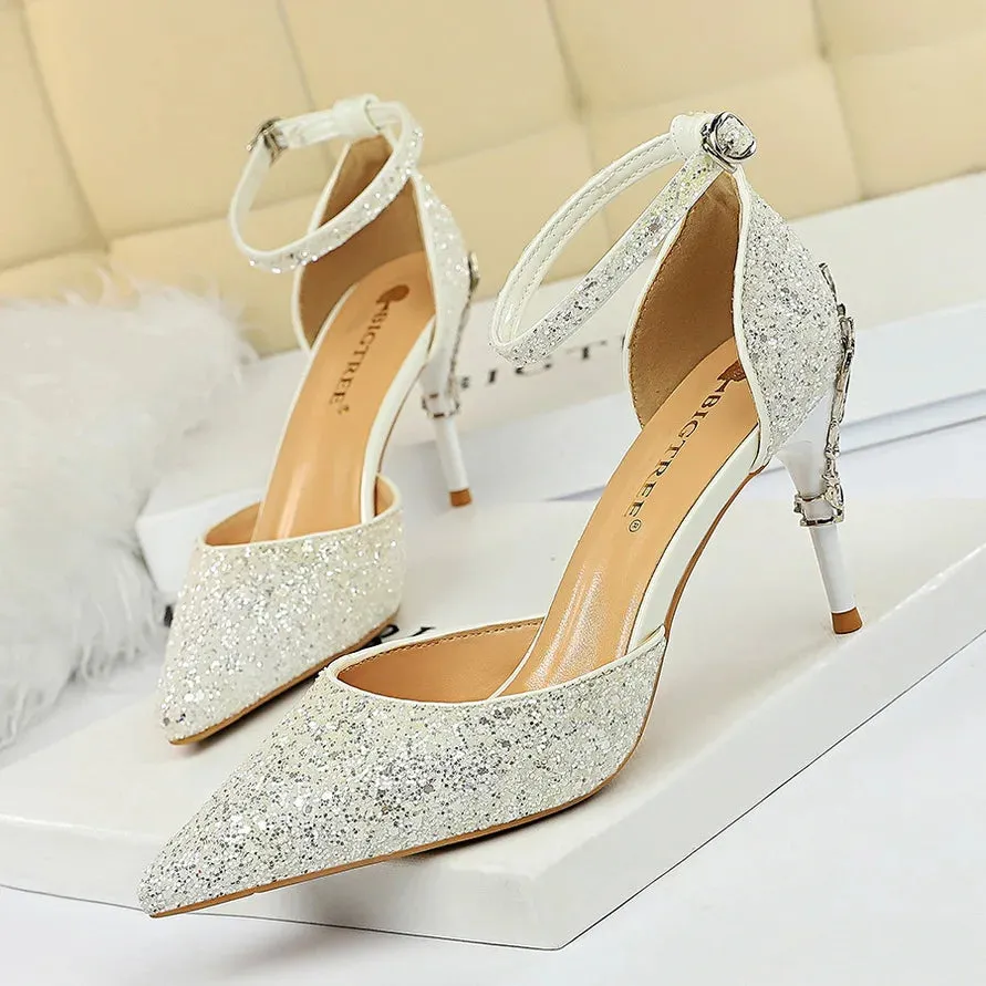 New Summer Women 7.5cm 9.5cm High Heels Bling Sandals Lady Wedding Bridal Low Heels Gold Silver Sandles Sparkly Sequins Shoes