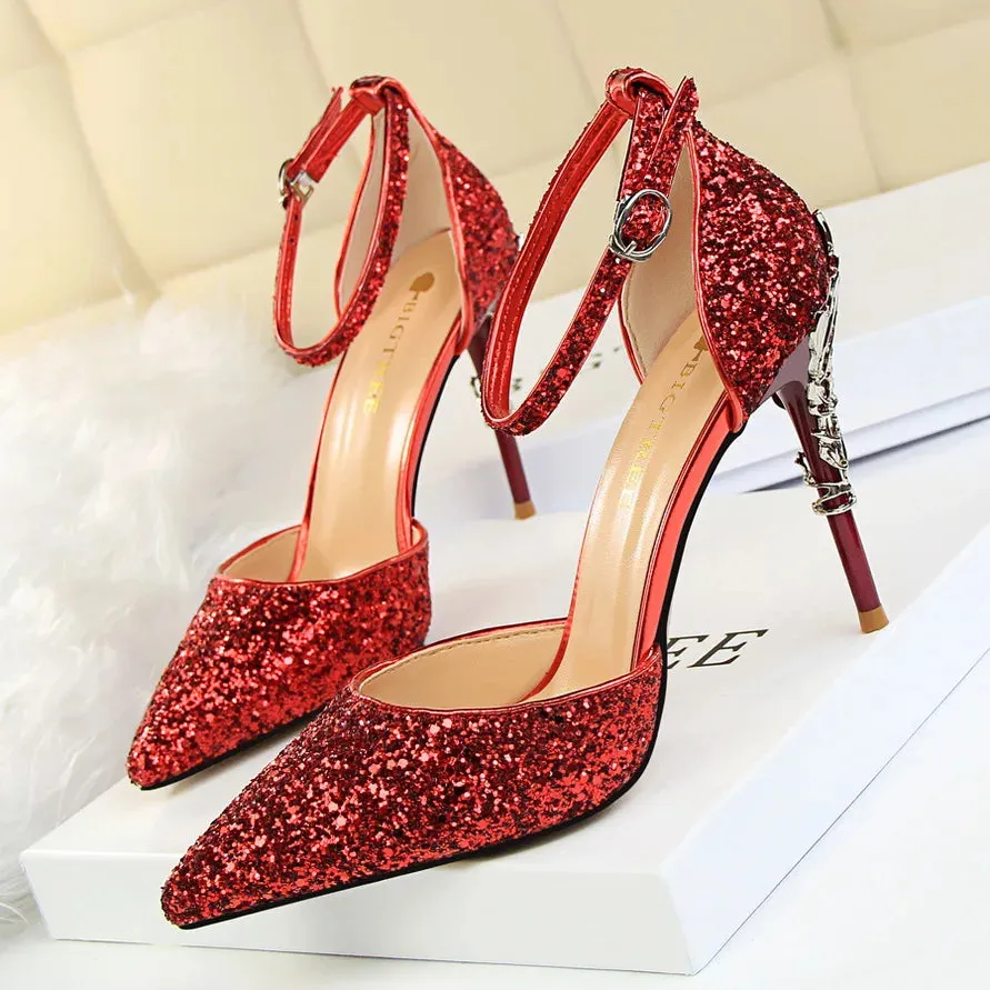 New Summer Women 7.5cm 9.5cm High Heels Bling Sandals Lady Wedding Bridal Low Heels Gold Silver Sandles Sparkly Sequins Shoes