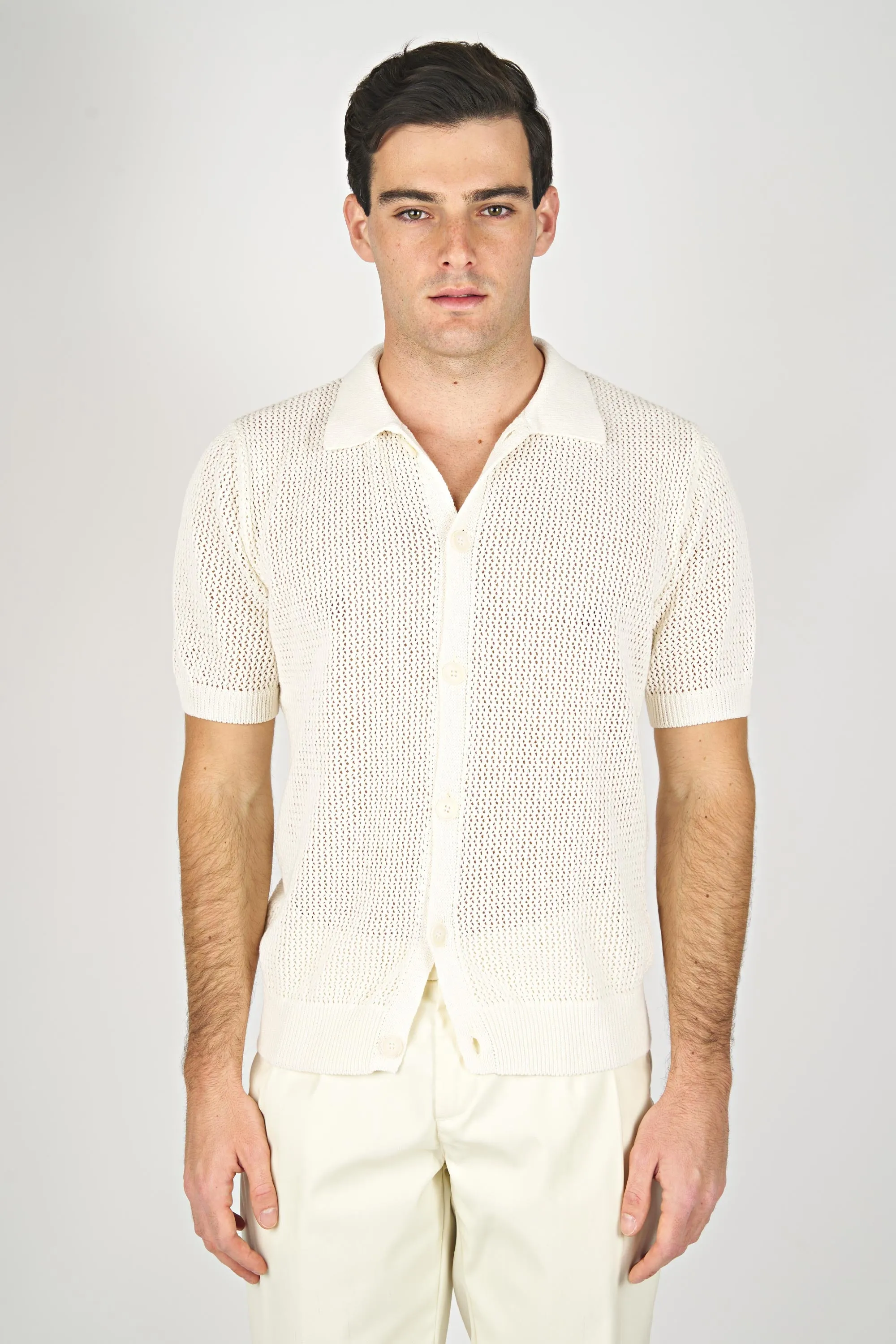 Open-Knit Polo Cardigan