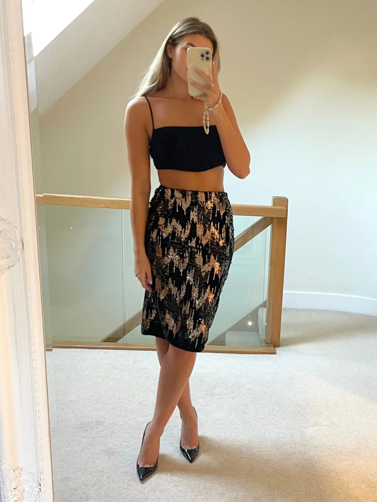 Phoebe Velvet Sequin Midi Skirt / Black & Gold