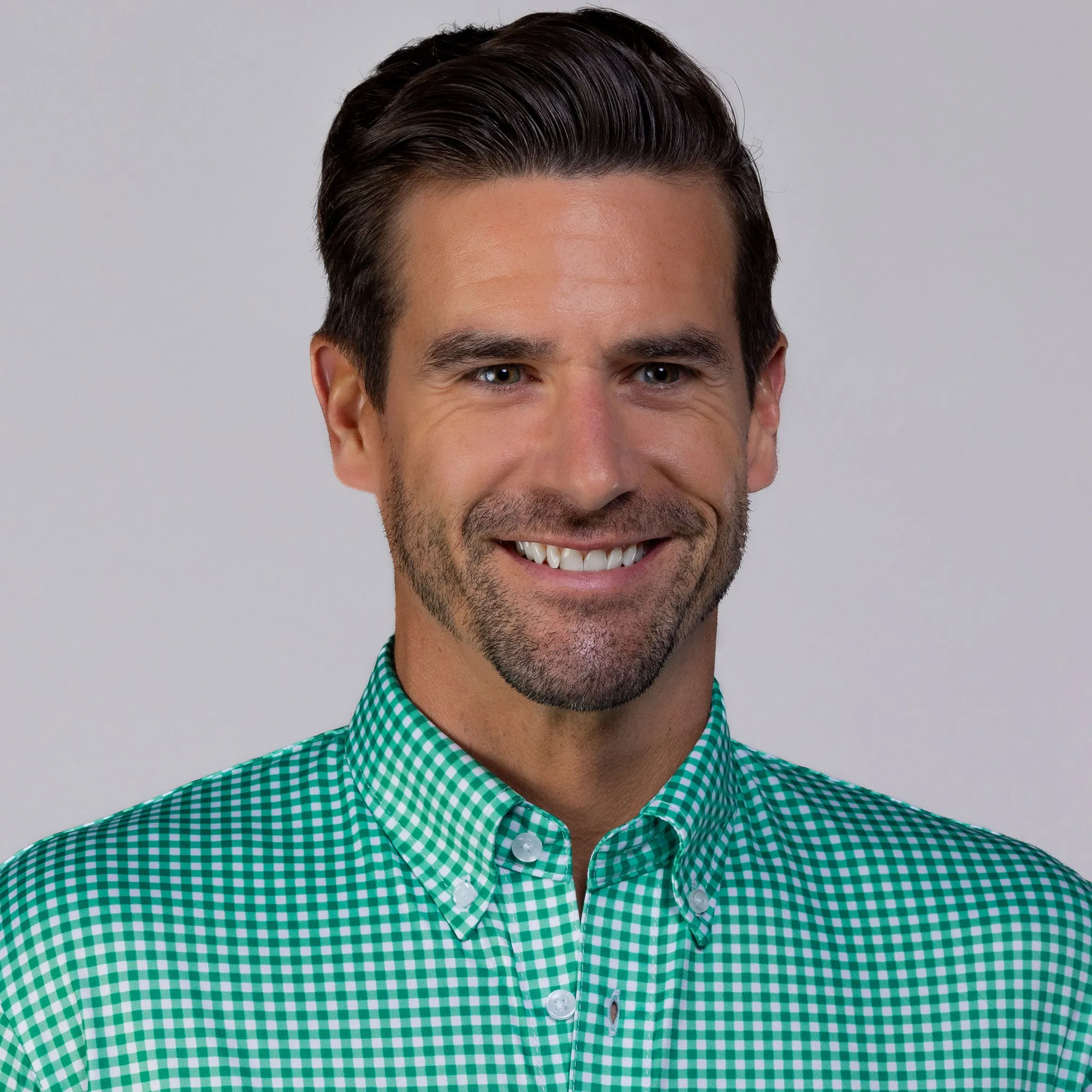 Quattro Flex Dress Shirt with Button Down Collar Green Gingham