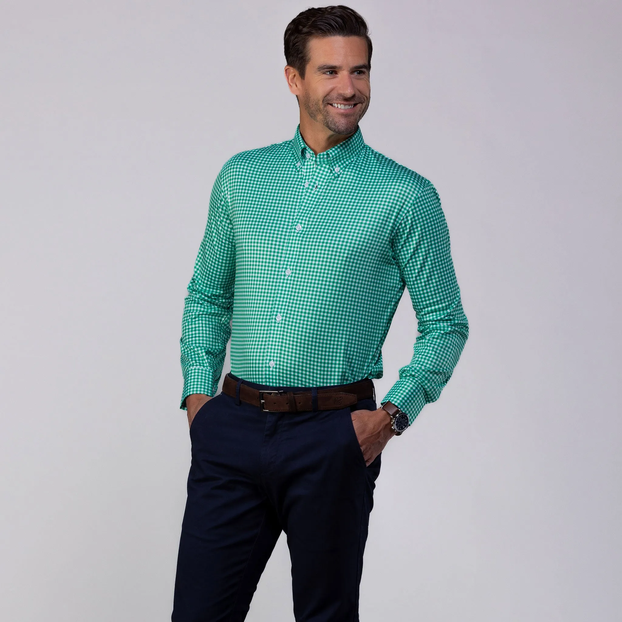 Quattro Flex Dress Shirt with Button Down Collar Green Gingham