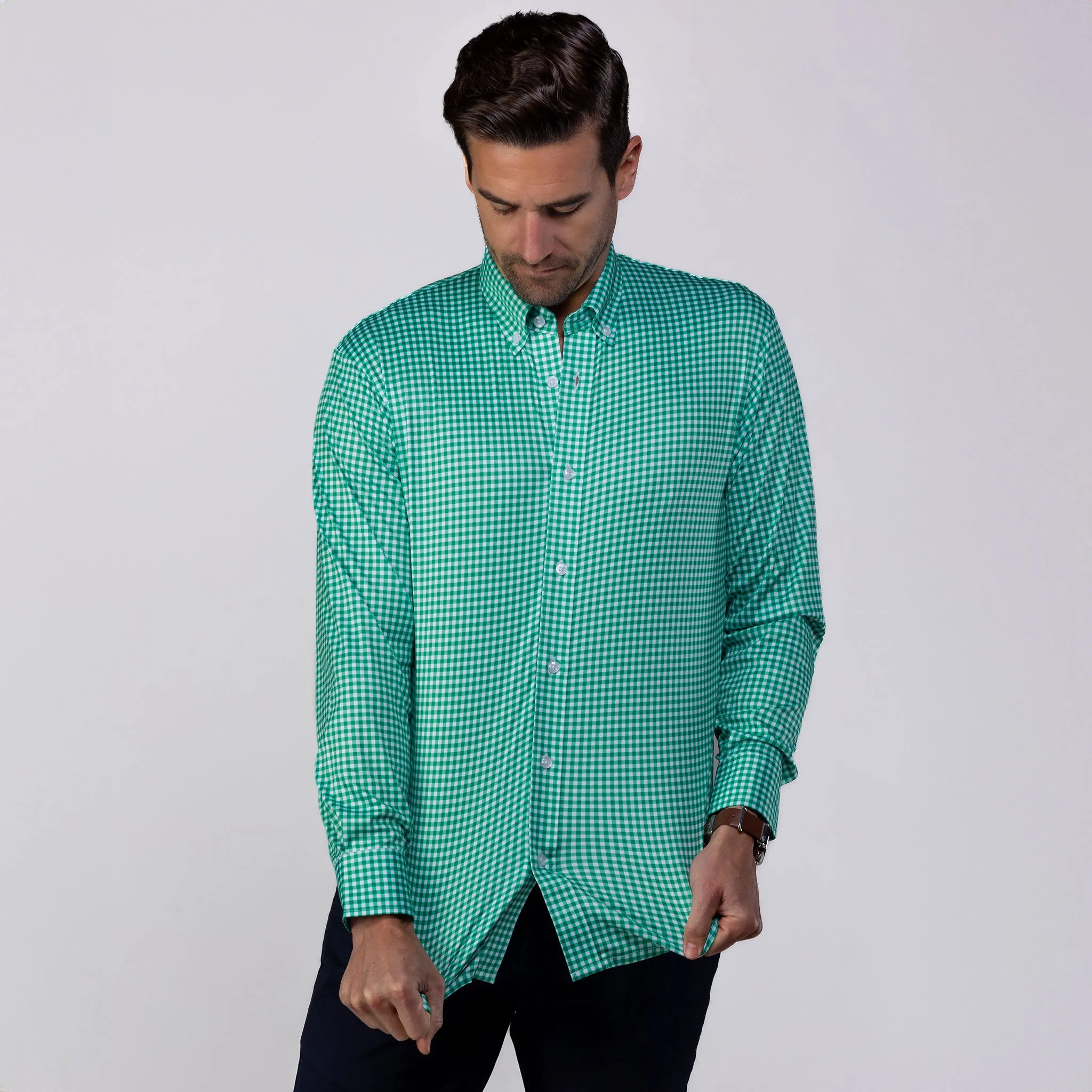 Quattro Flex Dress Shirt with Button Down Collar Green Gingham