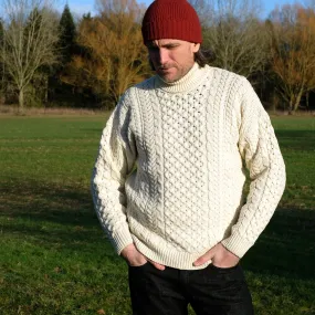 Traditional Aran polo neck sweater in Cream