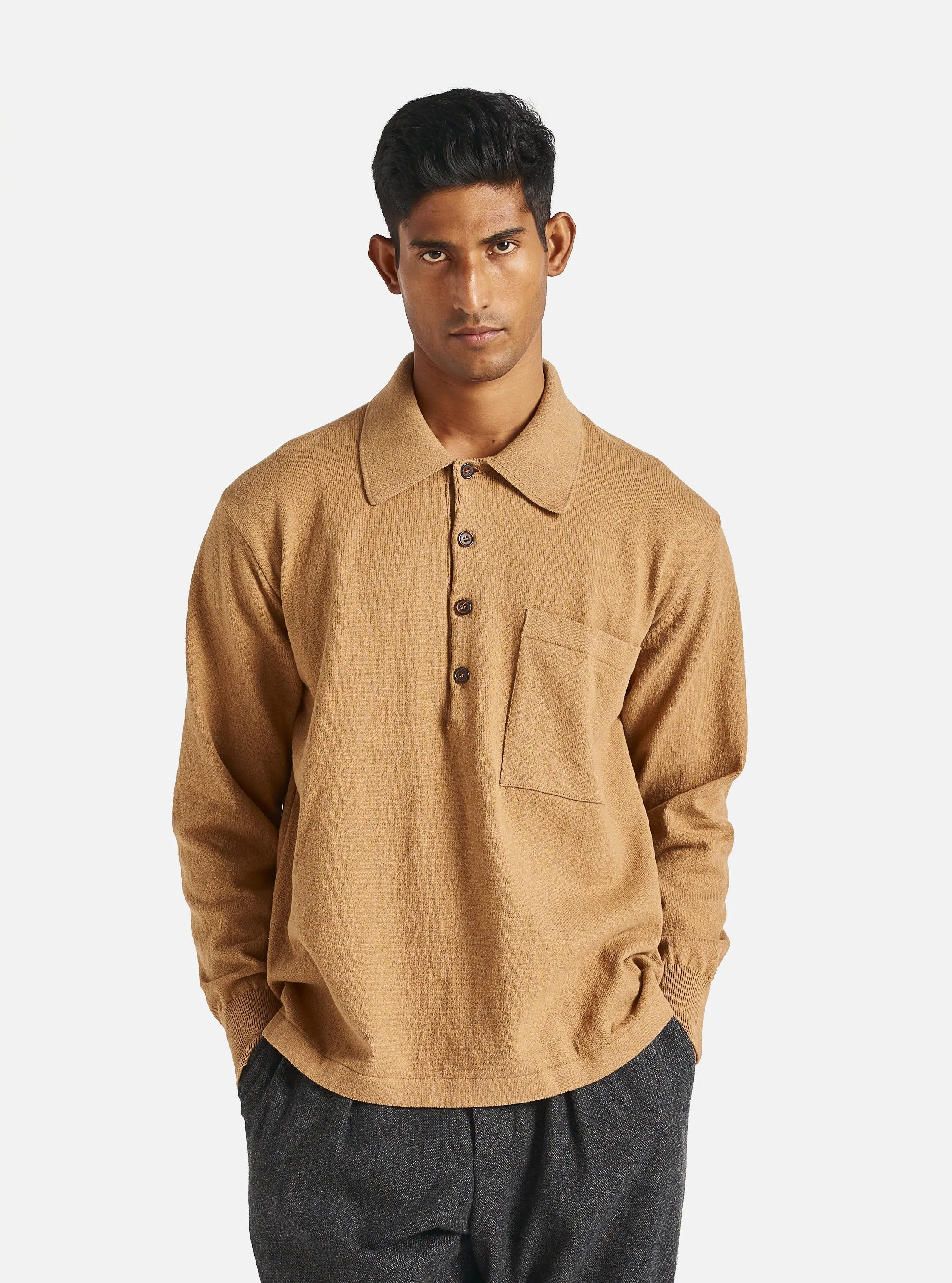 Universal Works L/S Pullover Knit Shirt in Cumin Eco Cotton