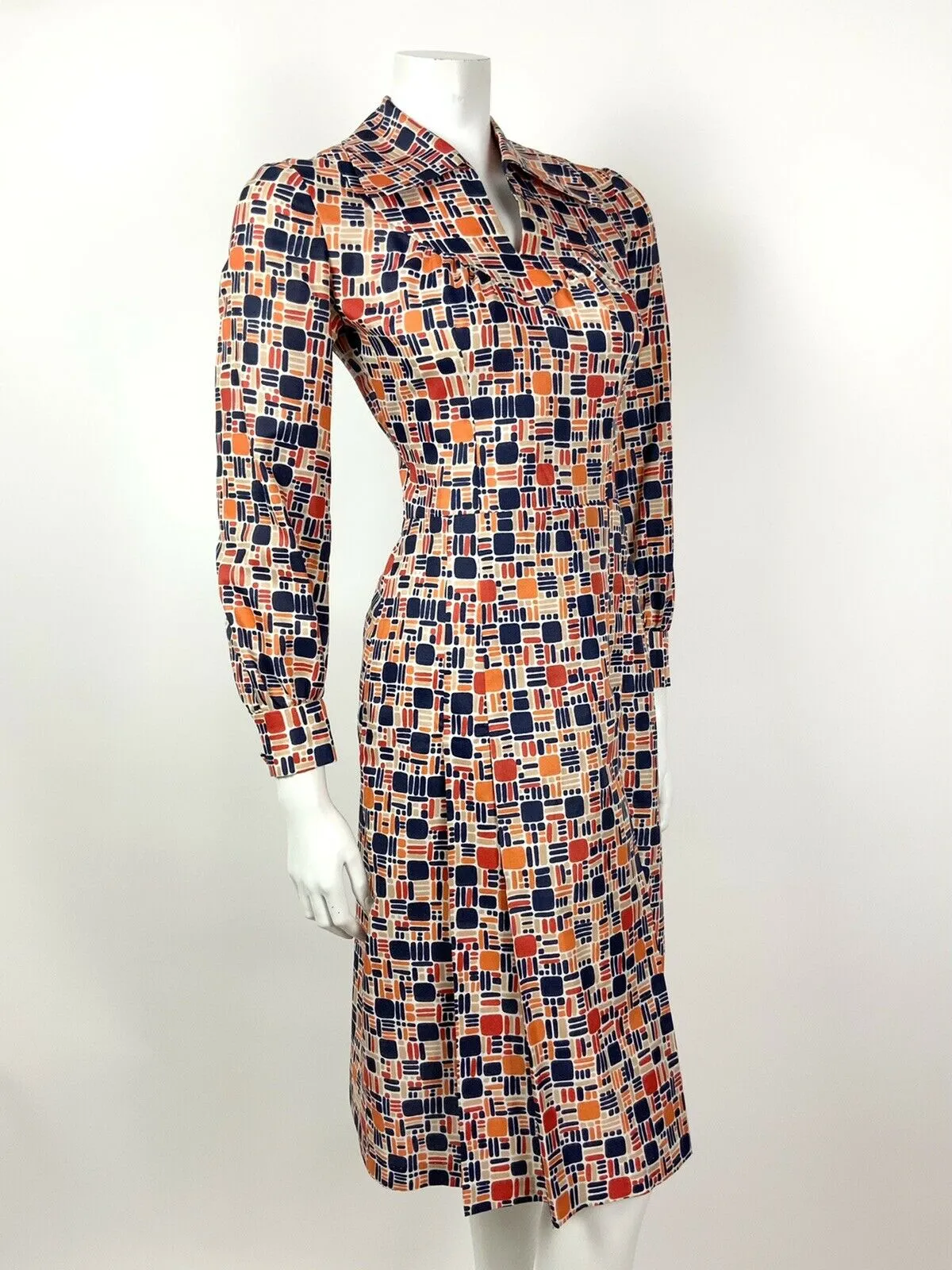 VINTAGE 60s 70s BLUE ORANGE RED BEIGE GEOMETRIC MOD DAGGER SHIRT DRESS 10 12