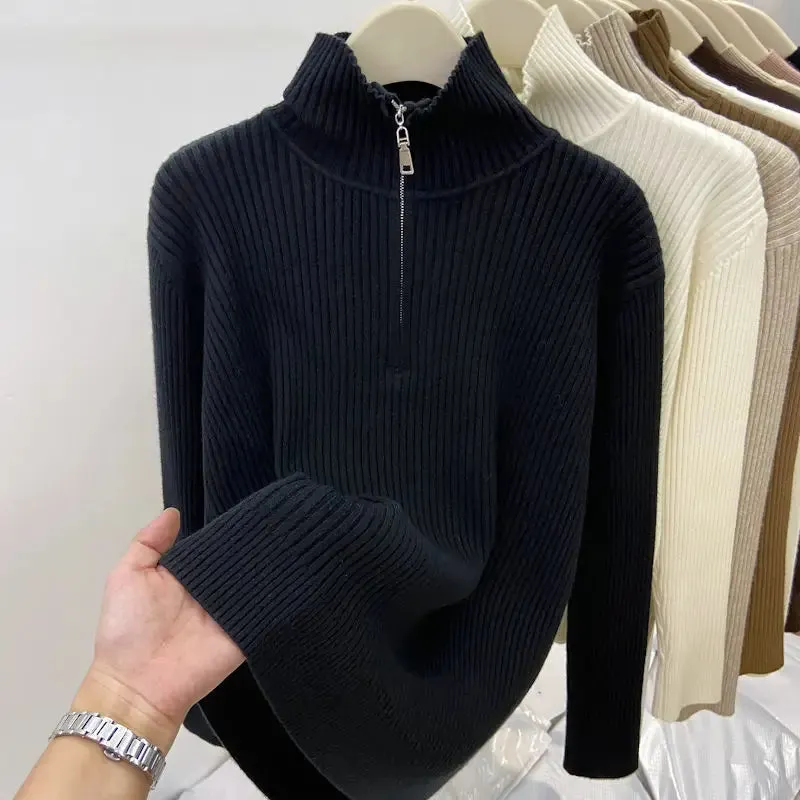 Women's Autumn Winter Casual Joker Solid Sweater Pullovers Polo Zipper Mock Neck Knit Long Sleeve Tops New Knitwear Female