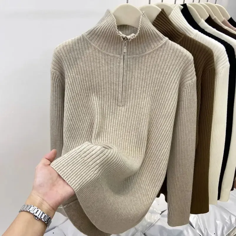 Women's Autumn Winter Casual Joker Solid Sweater Pullovers Polo Zipper Mock Neck Knit Long Sleeve Tops New Knitwear Female