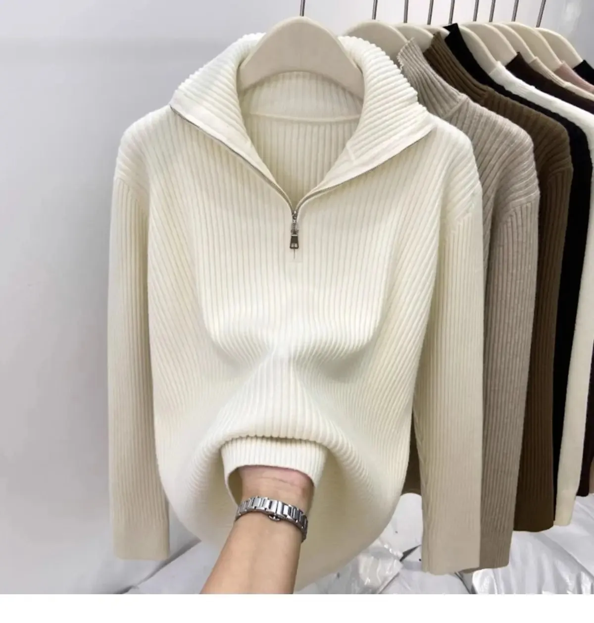 Women's Autumn Winter Casual Joker Solid Sweater Pullovers Polo Zipper Mock Neck Knit Long Sleeve Tops New Knitwear Female