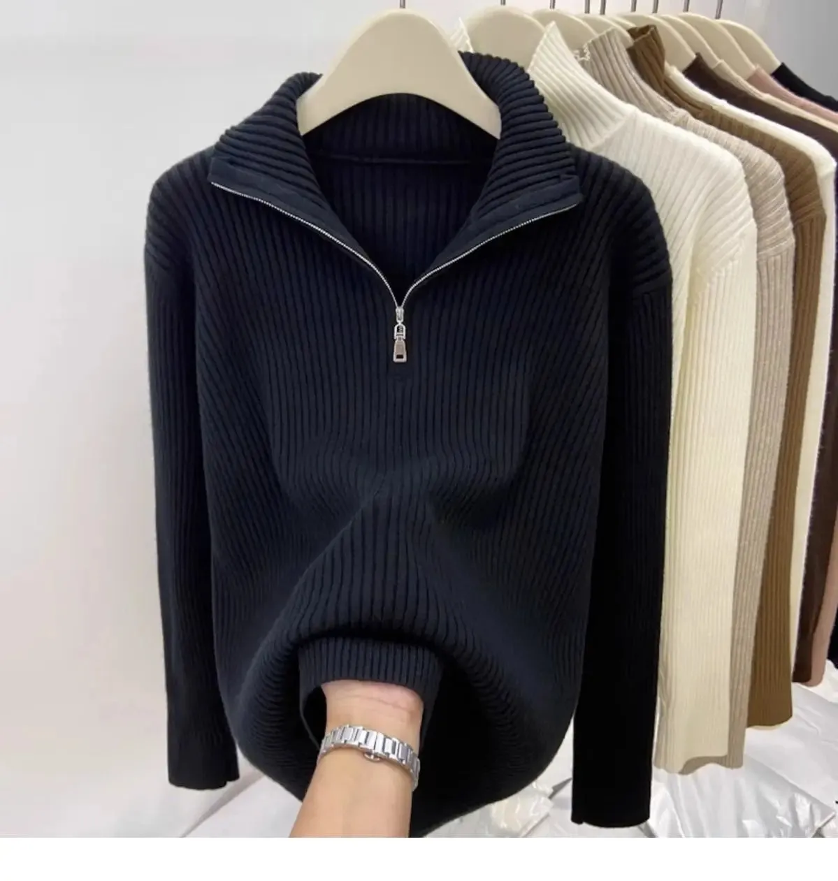 Women's Autumn Winter Casual Joker Solid Sweater Pullovers Polo Zipper Mock Neck Knit Long Sleeve Tops New Knitwear Female