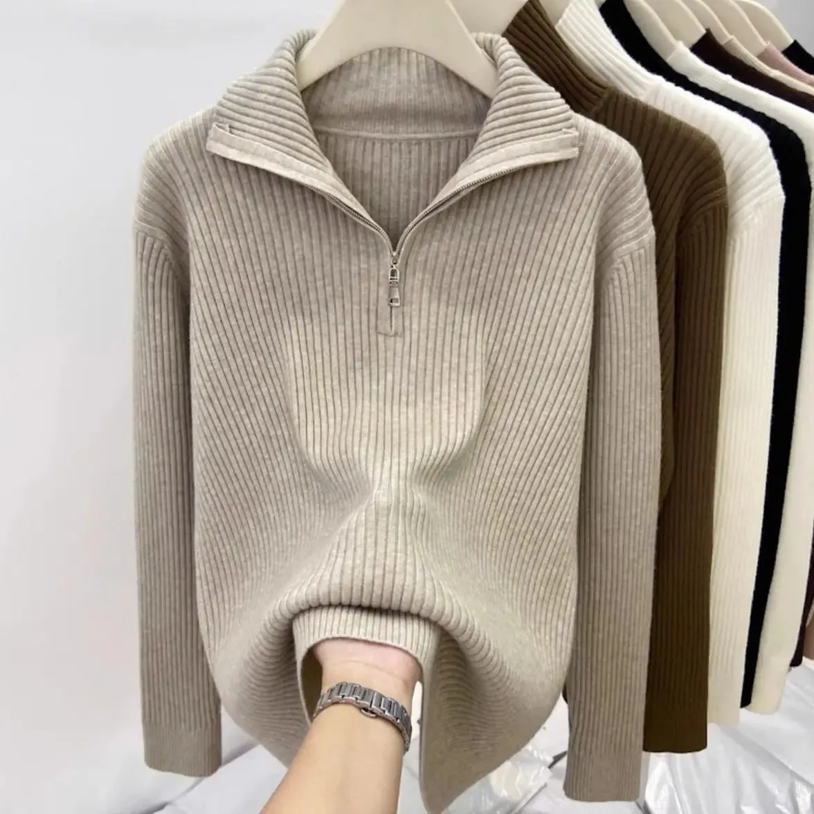 Women's Autumn Winter Casual Joker Solid Sweater Pullovers Polo Zipper Mock Neck Knit Long Sleeve Tops New Knitwear Female