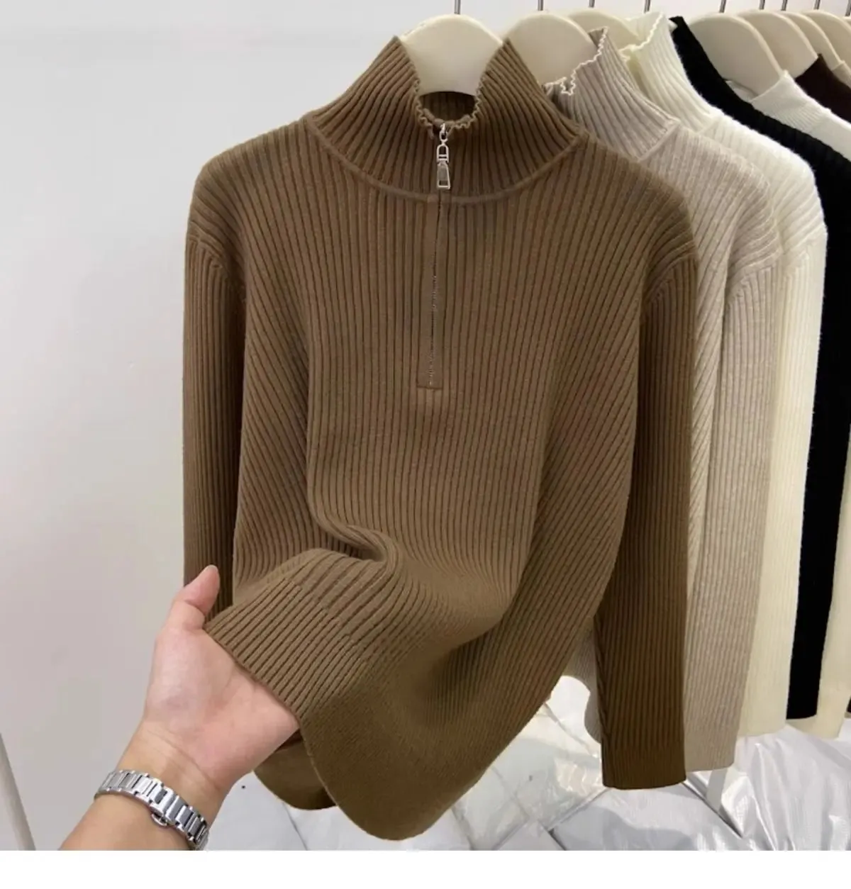 Women's Autumn Winter Casual Joker Solid Sweater Pullovers Polo Zipper Mock Neck Knit Long Sleeve Tops New Knitwear Female