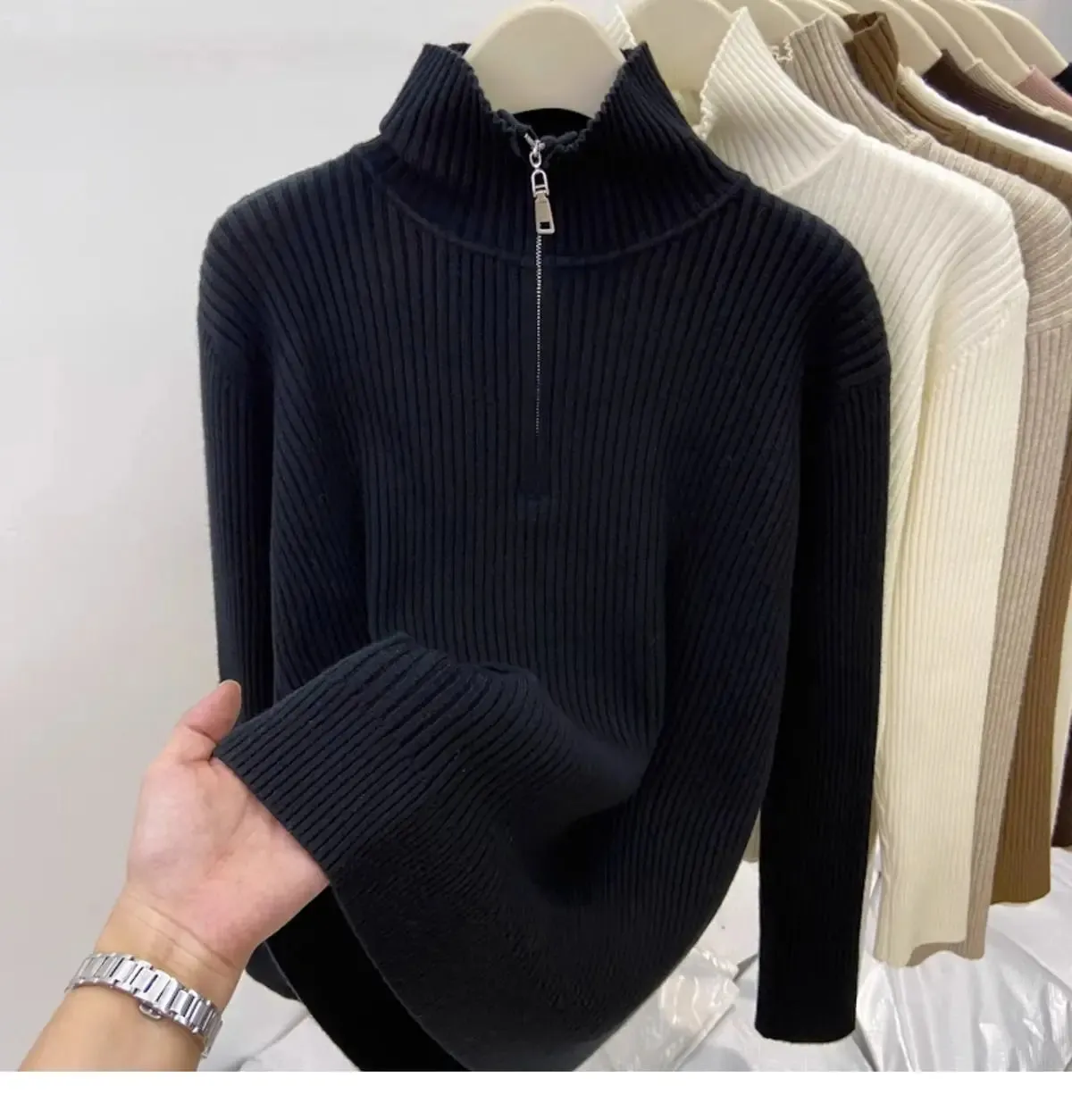 Women's Autumn Winter Casual Joker Solid Sweater Pullovers Polo Zipper Mock Neck Knit Long Sleeve Tops New Knitwear Female