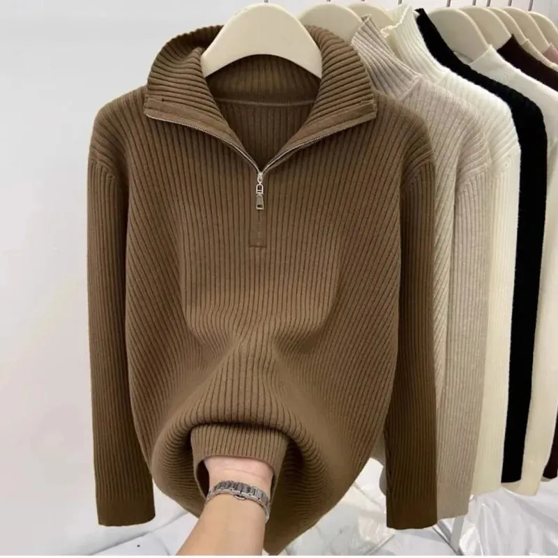 Women's Autumn Winter Casual Joker Solid Sweater Pullovers Polo Zipper Mock Neck Knit Long Sleeve Tops New Knitwear Female