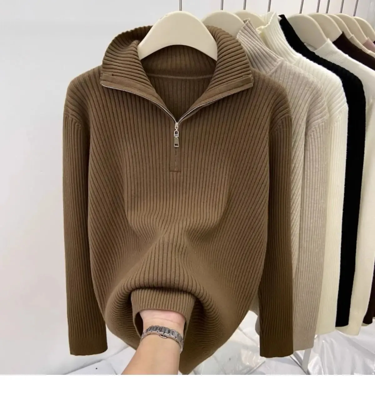 Women's Autumn Winter Casual Joker Solid Sweater Pullovers Polo Zipper Mock Neck Knit Long Sleeve Tops New Knitwear Female