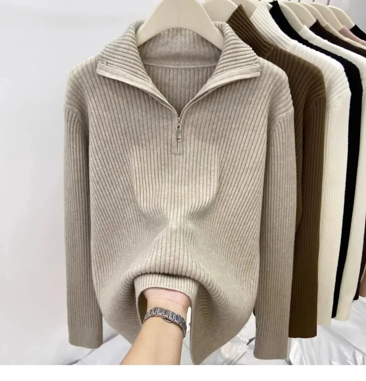 Women's Autumn Winter Casual Joker Solid Sweater Pullovers Polo Zipper Mock Neck Knit Long Sleeve Tops New Knitwear Female