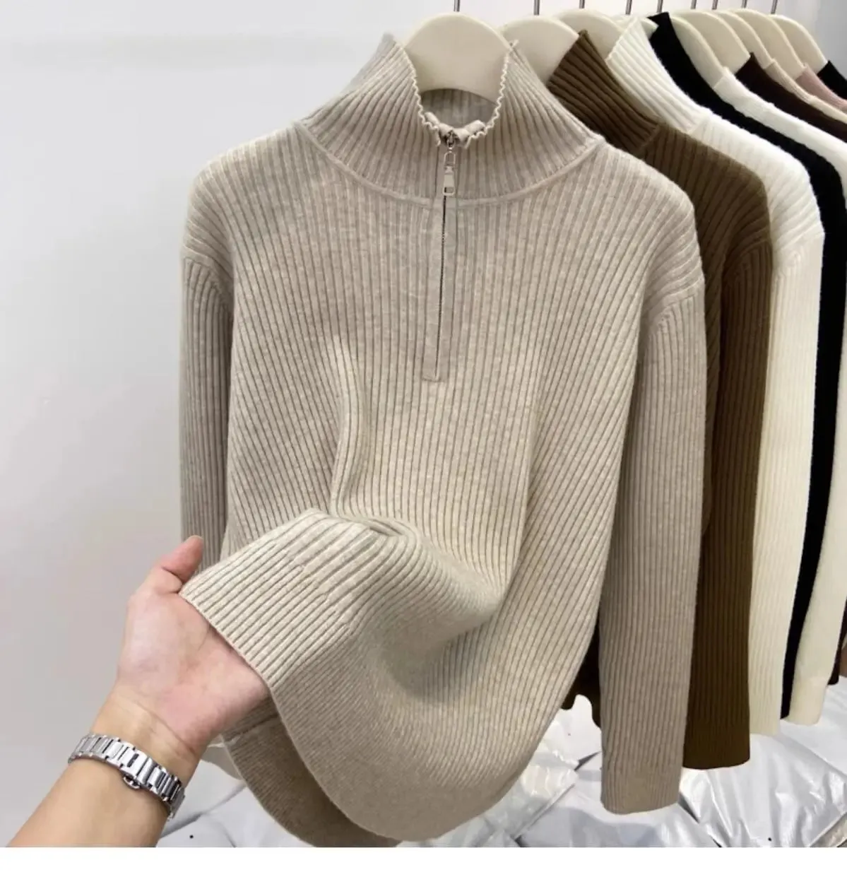 Women's Autumn Winter Casual Joker Solid Sweater Pullovers Polo Zipper Mock Neck Knit Long Sleeve Tops New Knitwear Female