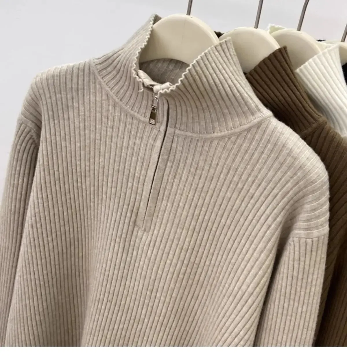 Women's Autumn Winter Casual Joker Solid Sweater Pullovers Polo Zipper Mock Neck Knit Long Sleeve Tops New Knitwear Female