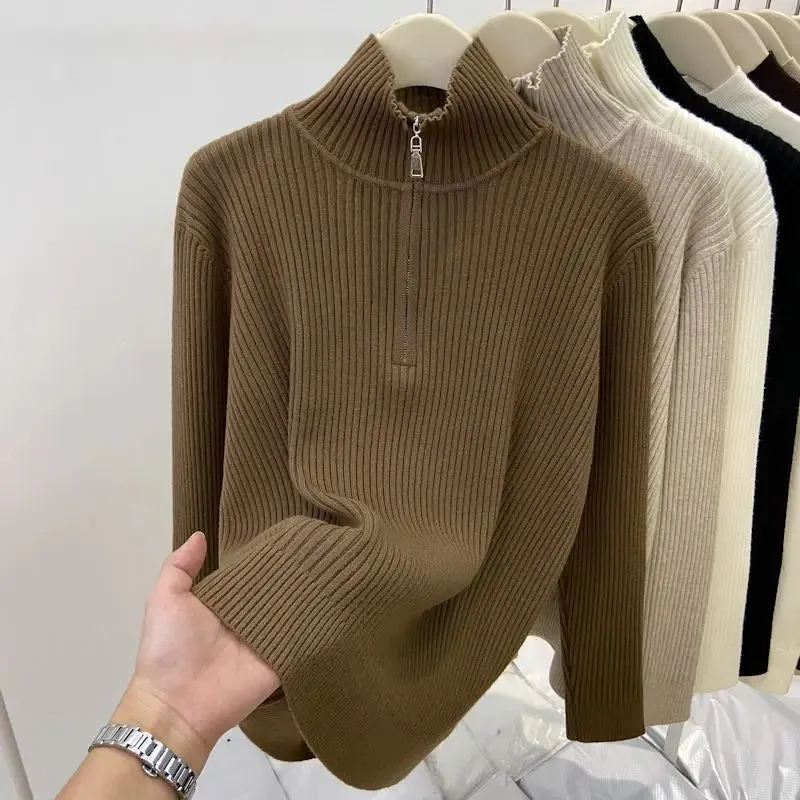 Women's Autumn Winter Casual Joker Solid Sweater Pullovers Polo Zipper Mock Neck Knit Long Sleeve Tops New Knitwear Female