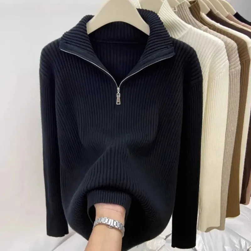 Women's Autumn Winter Casual Joker Solid Sweater Pullovers Polo Zipper Mock Neck Knit Long Sleeve Tops New Knitwear Female