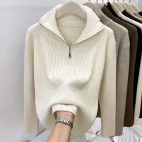 Women's Autumn Winter Casual Joker Solid Sweater Pullovers Polo Zipper Mock Neck Knit Long Sleeve Tops New Knitwear Female