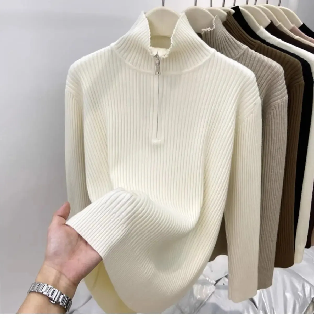 Women's Autumn Winter Casual Joker Solid Sweater Pullovers Polo Zipper Mock Neck Knit Long Sleeve Tops New Knitwear Female