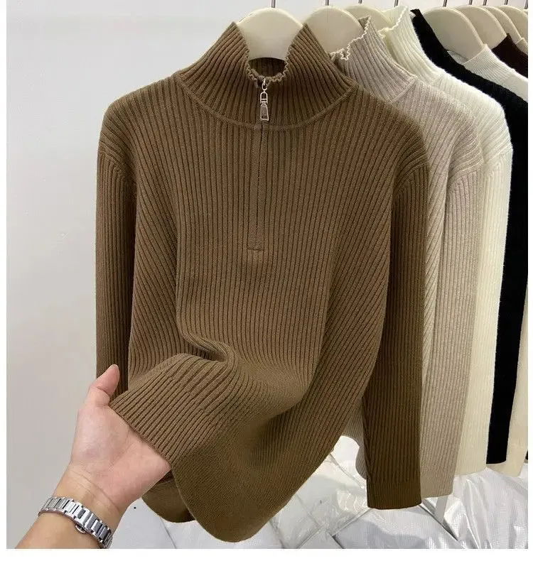 Women's Autumn Winter Casual Joker Solid Sweater Pullovers Polo Zipper Mock Neck Knit Long Sleeve Tops New Knitwear Female