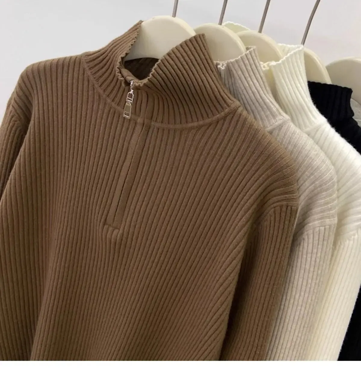 Women's Autumn Winter Casual Joker Solid Sweater Pullovers Polo Zipper Mock Neck Knit Long Sleeve Tops New Knitwear Female