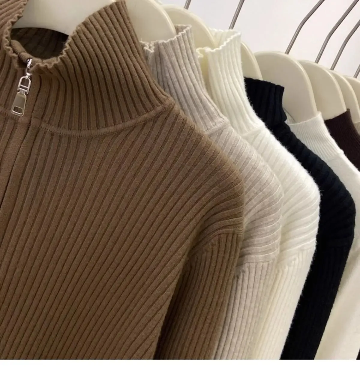 Women's Autumn Winter Casual Joker Solid Sweater Pullovers Polo Zipper Mock Neck Knit Long Sleeve Tops New Knitwear Female