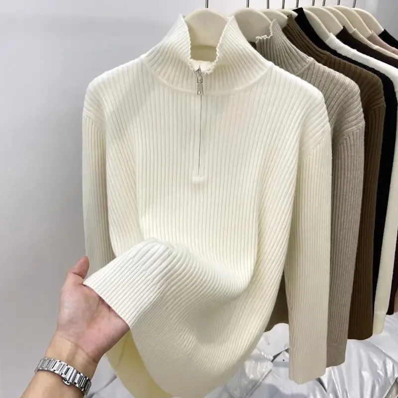 Women's Autumn Winter Casual Joker Solid Sweater Pullovers Polo Zipper Mock Neck Knit Long Sleeve Tops New Knitwear Female