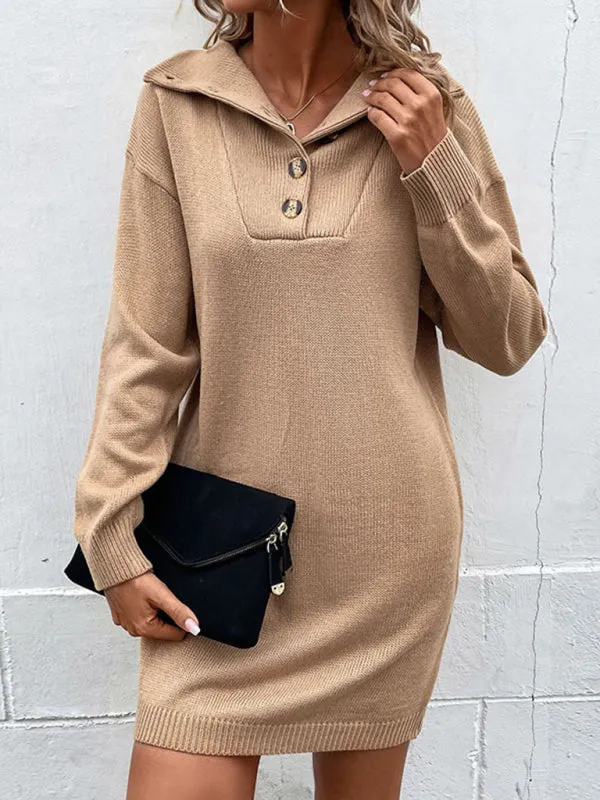 Women's Fine Knit Button Collared Loose Fit Jumper Dress