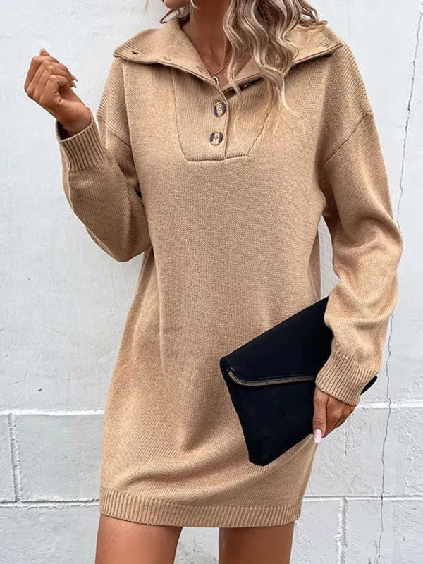 Women's Fine Knit Button Collared Loose Fit Jumper Dress