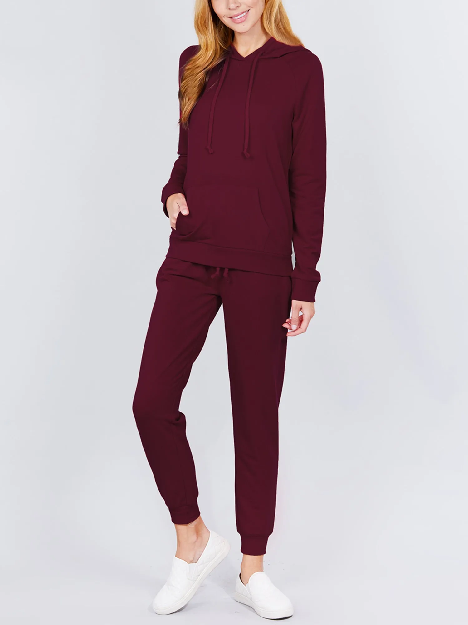 Women's Solid Casual Long Sleeve Hoodie with Kangaroo Pocket (FWH1078)